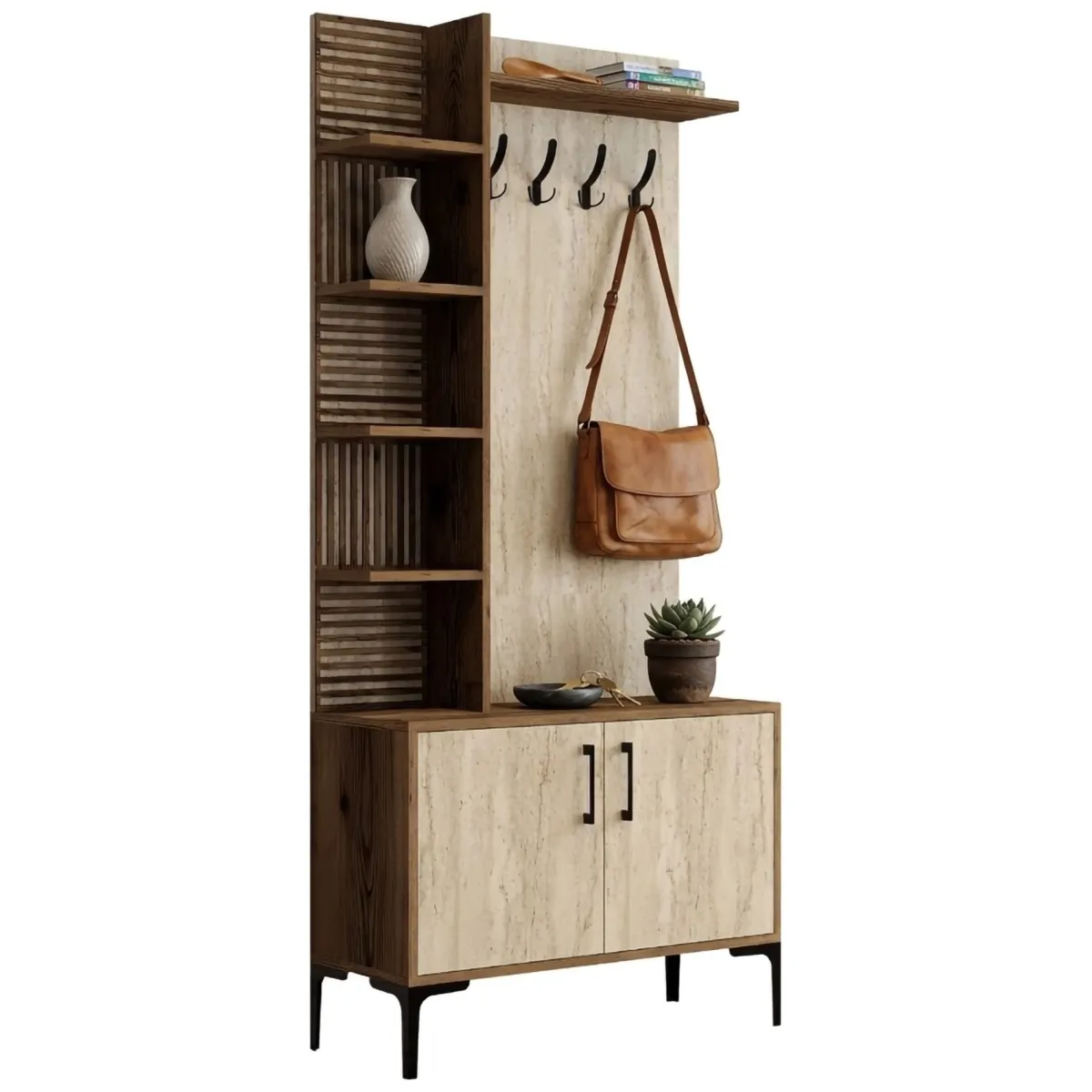 Mobili Da Ingresso > Dmora Mobile da Ingresso Beige Marmo Marrone Noce Appendiabiti 7 Ripiani 90x35x200h cm, Apertura Battente - Loceri Marrone Noce, Beige Marmo