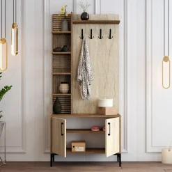 Mobili Da Ingresso > Dmora Mobile da Ingresso Beige Marmo Marrone Noce Appendiabiti 7 Ripiani 90x35x200h cm, Apertura Battente - Loceri Marrone Noce, Beige Marmo