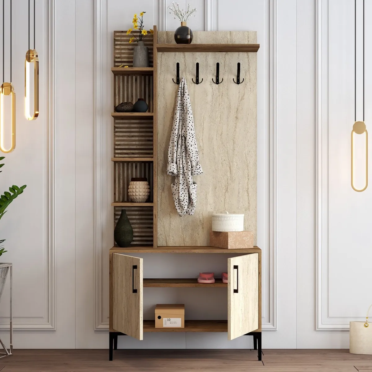 Mobili Da Ingresso > Dmora Mobile da Ingresso Beige Marmo Marrone Noce Appendiabiti 7 Ripiani 90x35x200h cm, Apertura Battente - Loceri Marrone Noce, Beige Marmo