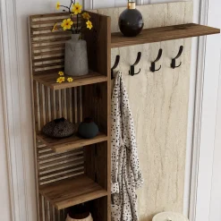 Mobili Da Ingresso > Dmora Mobile da Ingresso Beige Marmo Marrone Noce Appendiabiti 7 Ripiani 90x35x200h cm, Apertura Battente - Loceri Marrone Noce, Beige Marmo