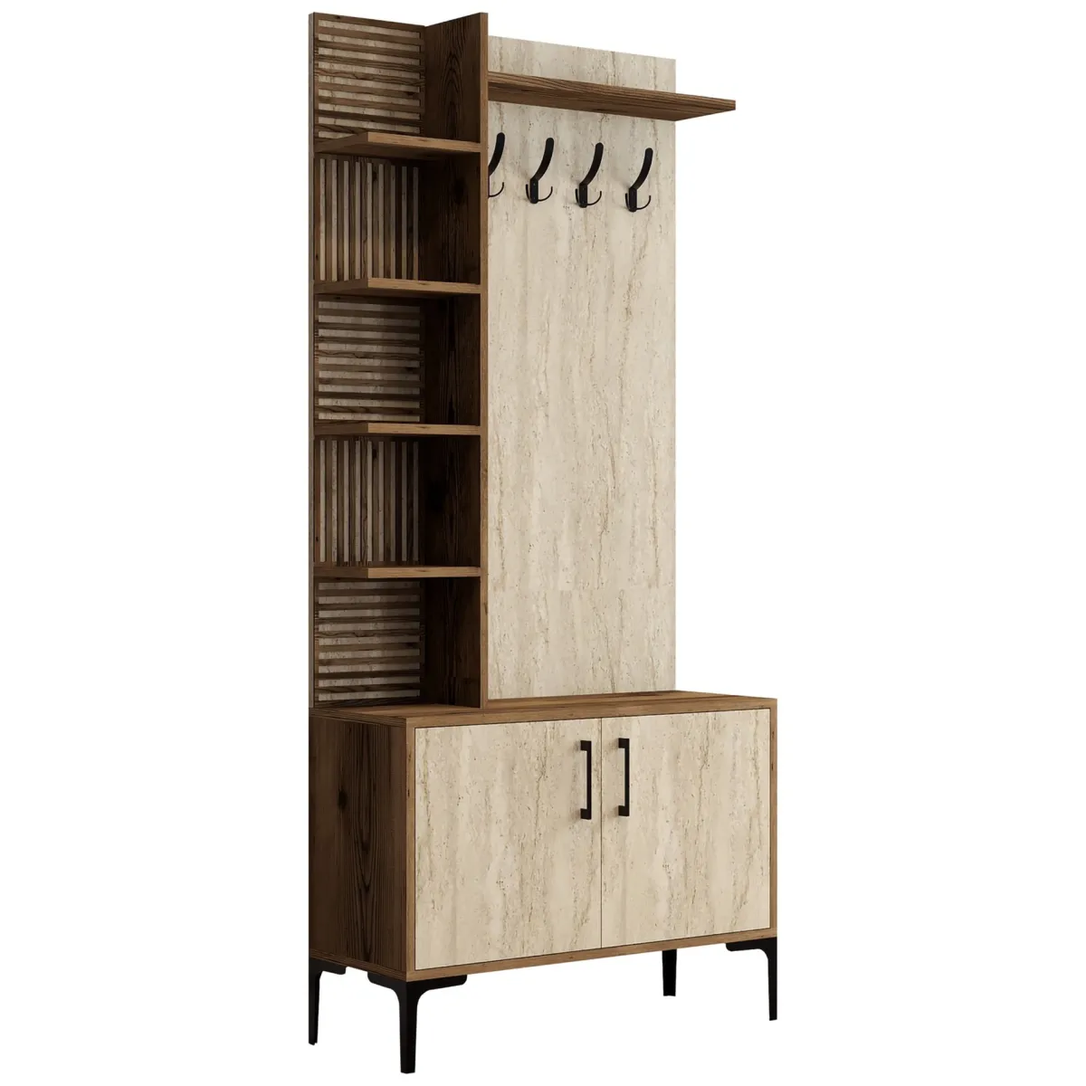 Mobili Da Ingresso > Dmora Mobile da Ingresso Beige Marmo Marrone Noce Appendiabiti 7 Ripiani 90x35x200h cm, Apertura Battente - Loceri Marrone Noce, Beige Marmo
