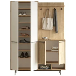 Mobile da Ingresso Beige Marrone Rovere Appendiabiti 12 Ripiani 147x36x196h cm, Apertura Battente - Tignale
