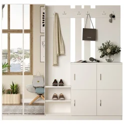 Mobili Da Ingresso > Dmora Mobile da Ingresso Specchio Incluso Appendiabiti 187x38x180h cm, 9 Ripiani - Noviglio Beige