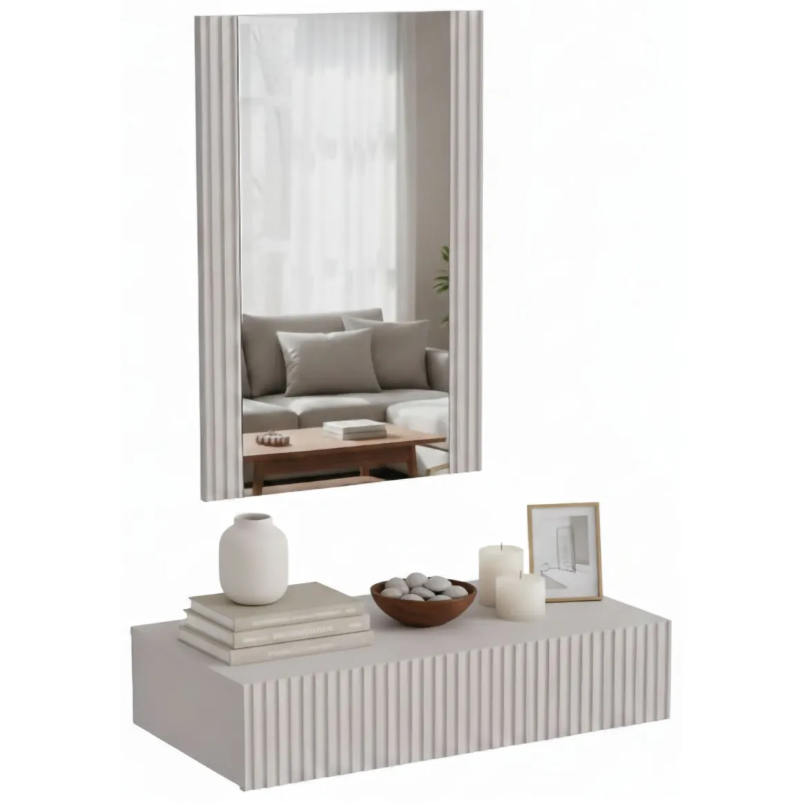 Mobile da Ingresso Beige Specchio Incluso Paia 80x42x97h cm, un Cassetto - Premolo