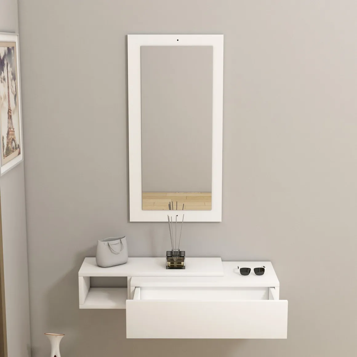 Mobile da Ingresso Bianco Beige Specchio Incluso un Cassetto 82x30x16h cm, un Ripiano - Ingria