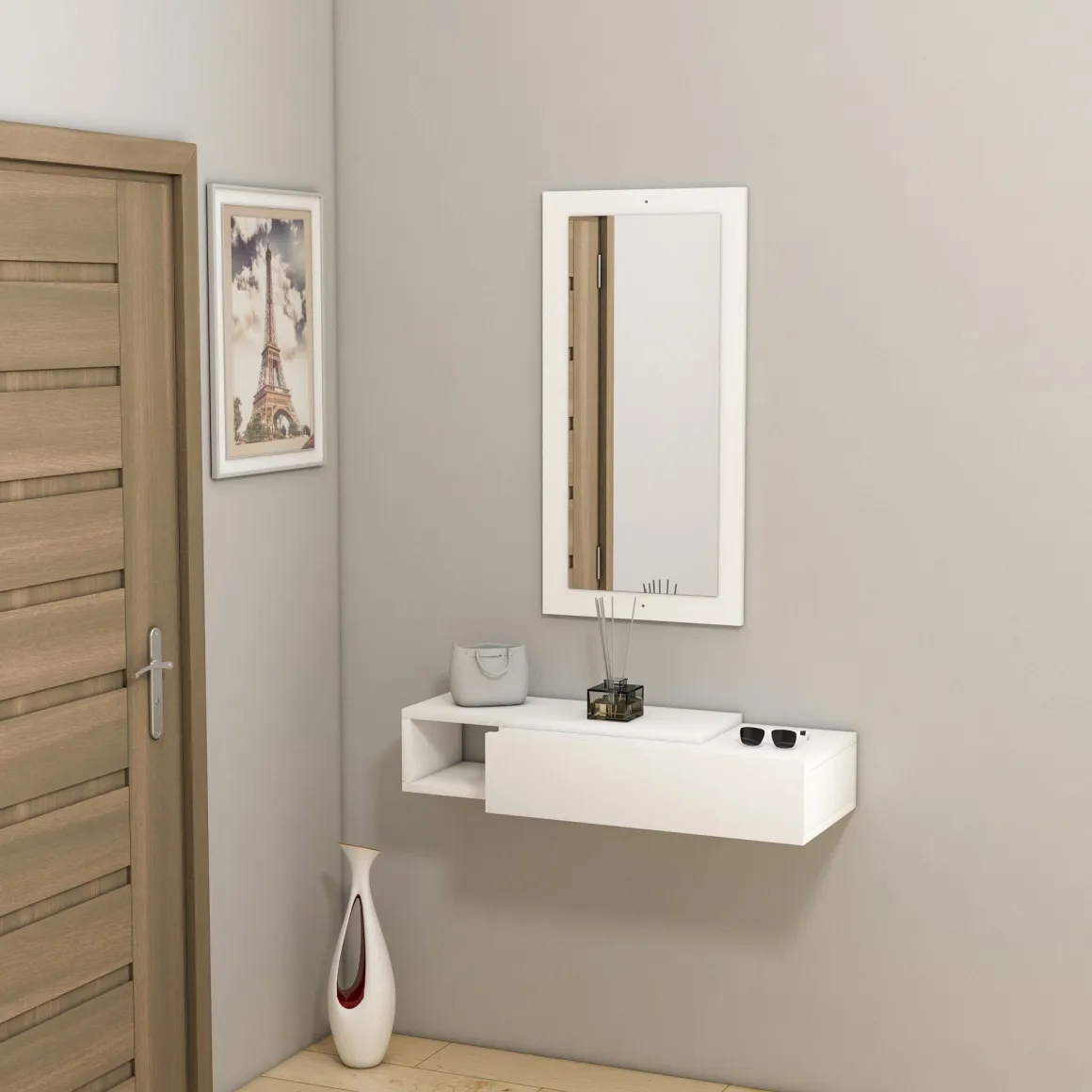 Mobile da Ingresso Bianco Beige Specchio Incluso un Cassetto 82x30x16h cm, un Ripiano - Ingria