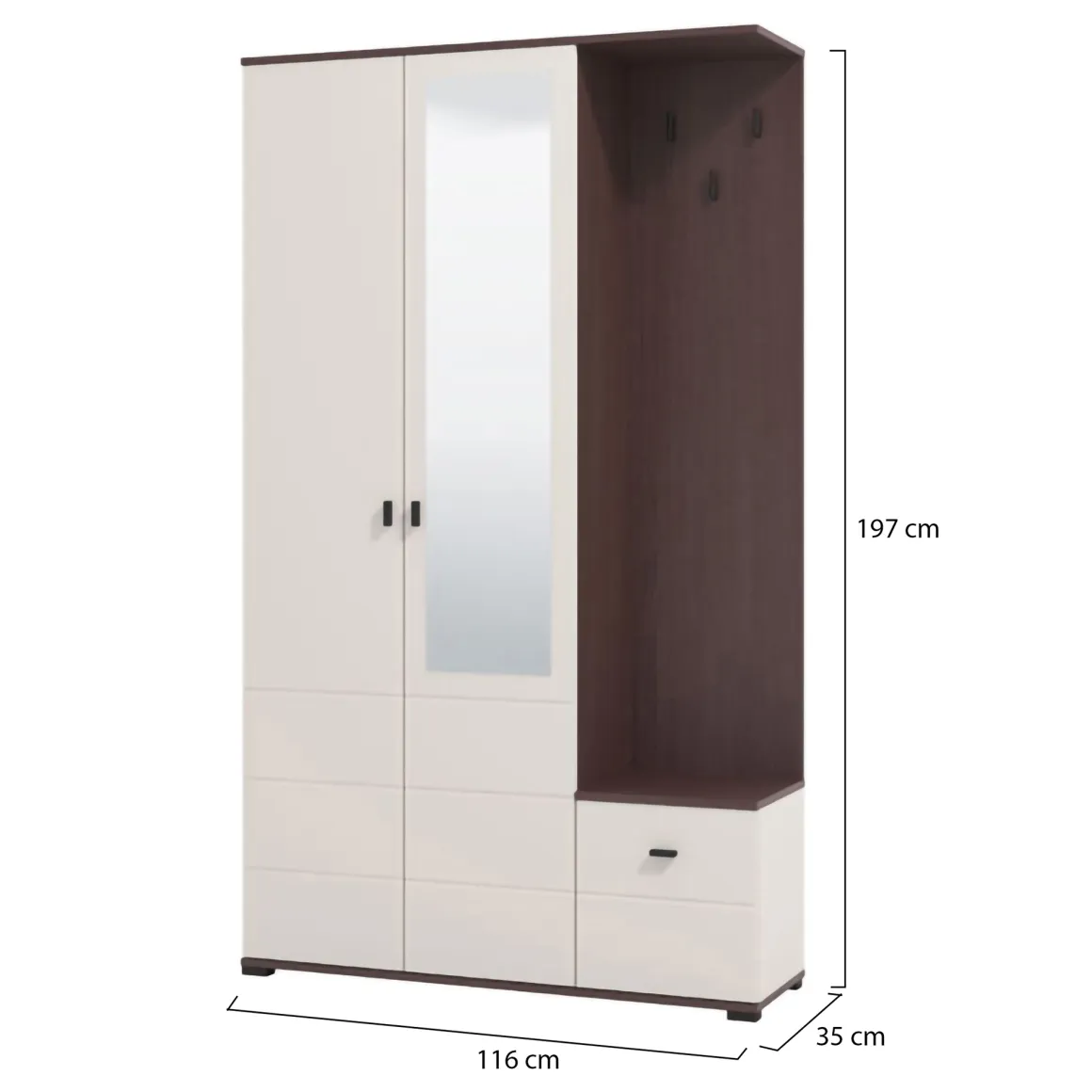 Mobile da Ingresso Bianco Crema Marrone Noce Specchio Incluso 4 Ripiani 116x35x197h cm, Appendiabiti - Raroto