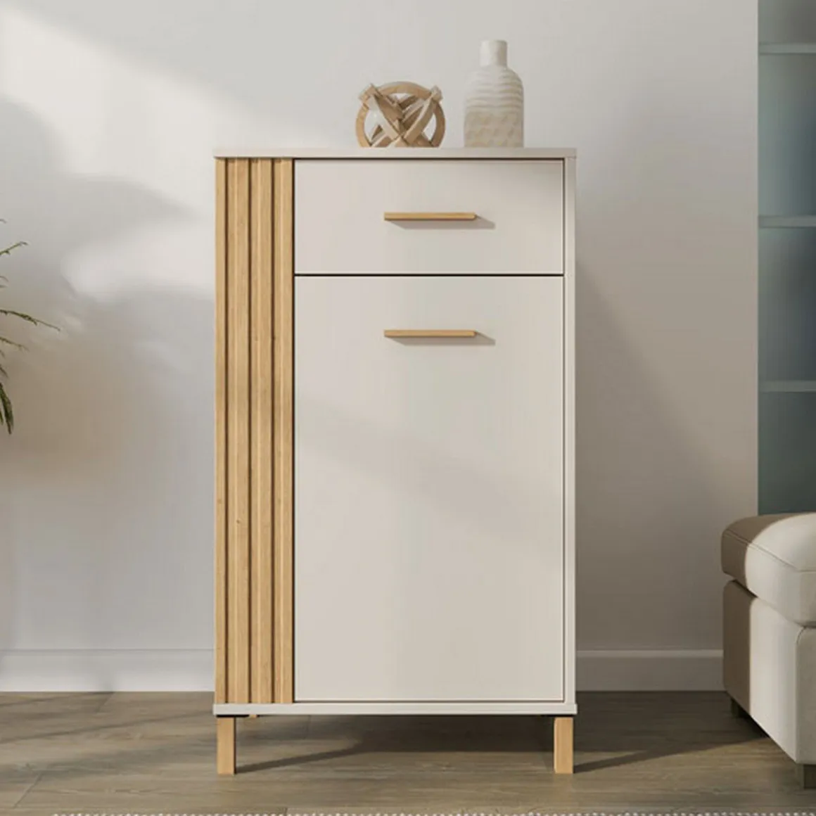 Mobile da Ingresso Bianco Crema Marrone un Cassetto 2 Ripiani 59.5x40x103h cm, Un'anta - Carducci