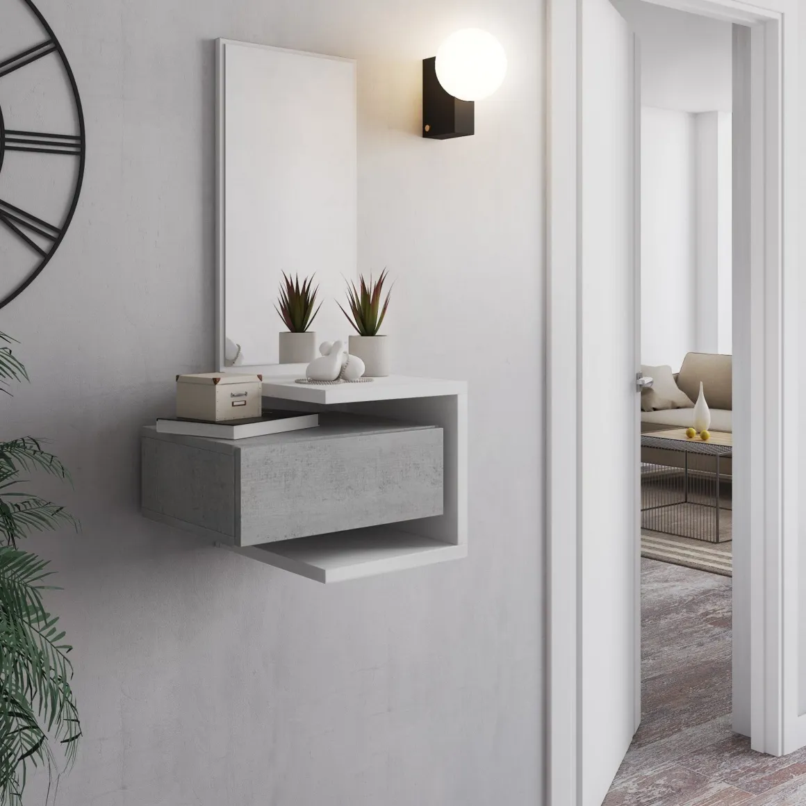 Mobile da Ingresso Bianco Grigio Cemento Specchio Incluso un Cassetto 43x32x90h cm, Installazione Sospesa - Tesero