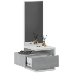 Mobile da Ingresso Bianco Grigio Cemento Specchio Incluso un Cassetto 43x32x90h cm, Installazione Sospesa - Tesero