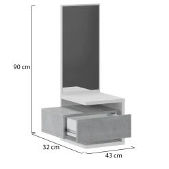 Mobile da Ingresso Bianco Grigio Cemento Specchio Incluso un Cassetto 43x32x90h cm, Installazione Sospesa - Tesero
