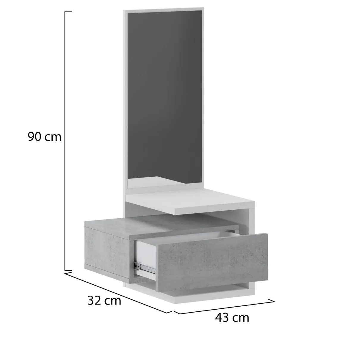 Mobile da Ingresso Bianco Grigio Cemento Specchio Incluso un Cassetto 43x32x90h cm, Installazione Sospesa - Tesero