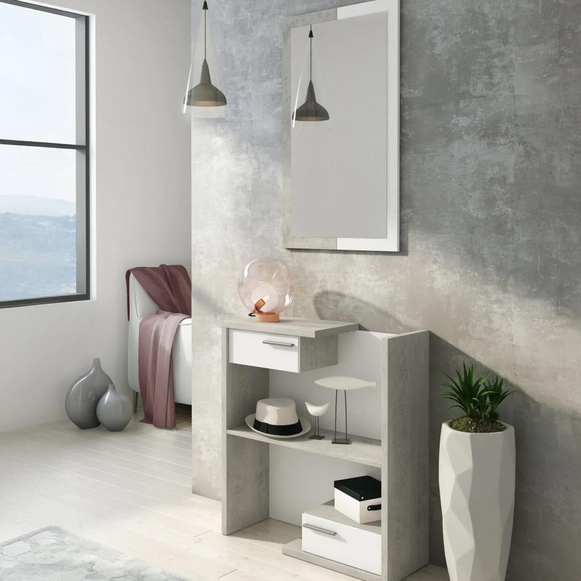 Mobile da Ingresso Bianco Grigio Cemento Specchio Incluso un Ripiano 83x29x190h cm, 2 Cassetti - Legionari