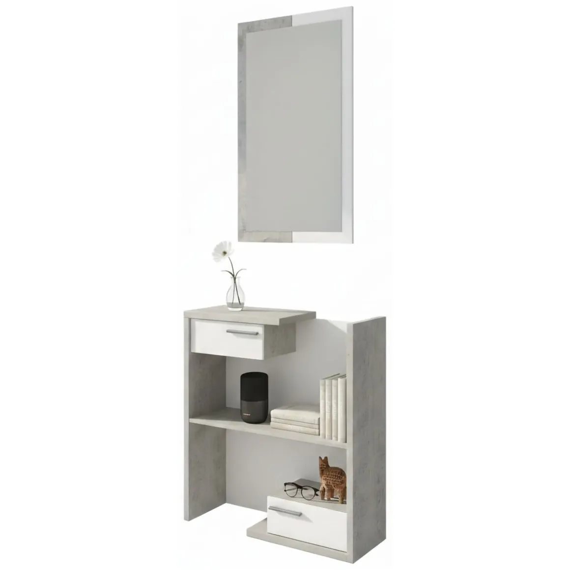 Mobile da Ingresso Bianco Grigio Cemento Specchio Incluso un Ripiano 83x29x190h cm, 2 Cassetti - Legionari