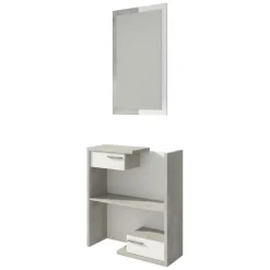 Mobile da Ingresso Bianco Grigio Cemento Specchio Incluso un Ripiano 83x29x190h cm, 2 Cassetti - Legionari