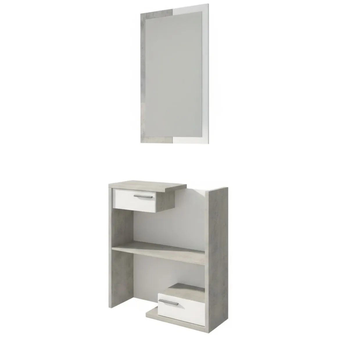 Mobile da Ingresso Bianco Grigio Cemento Specchio Incluso un Ripiano 83x29x190h cm, 2 Cassetti - Legionari