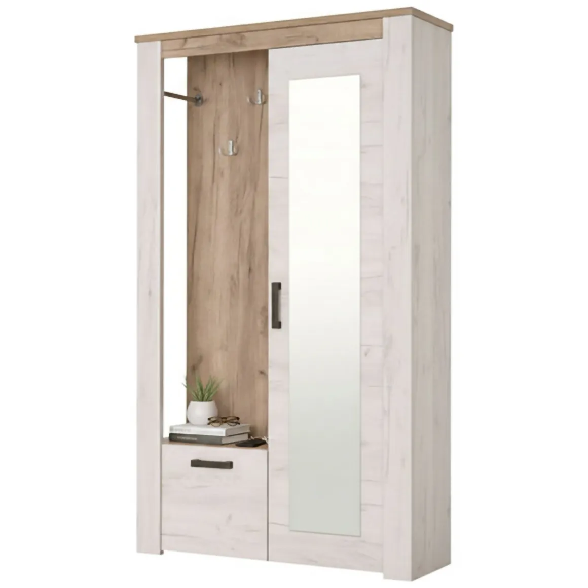 Mobile da Ingresso Bianco Larice Marrone Rovere Specchio Incluso 5 Ripiani 114x36.5x195h cm, Appendiabiti - Valva