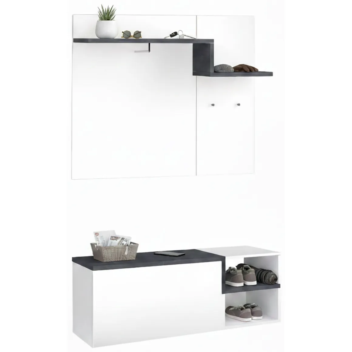 Mobili Da Ingresso|Ingresso > Dmora Mobile da Ingresso Bianco Lucido Marrone Acero 3 Ripiani Appendiabiti 120x40x154h cm, 2 Ante Made in Italy - Graziella Marrone Acero, Bianco Lucido