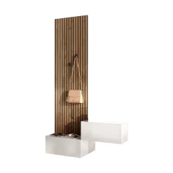 Mobile da Ingresso Bianco Lucido Marrone Pero Paia Cassetti 140x30x236h cm, Ripiani Made in Italy - Narbolia