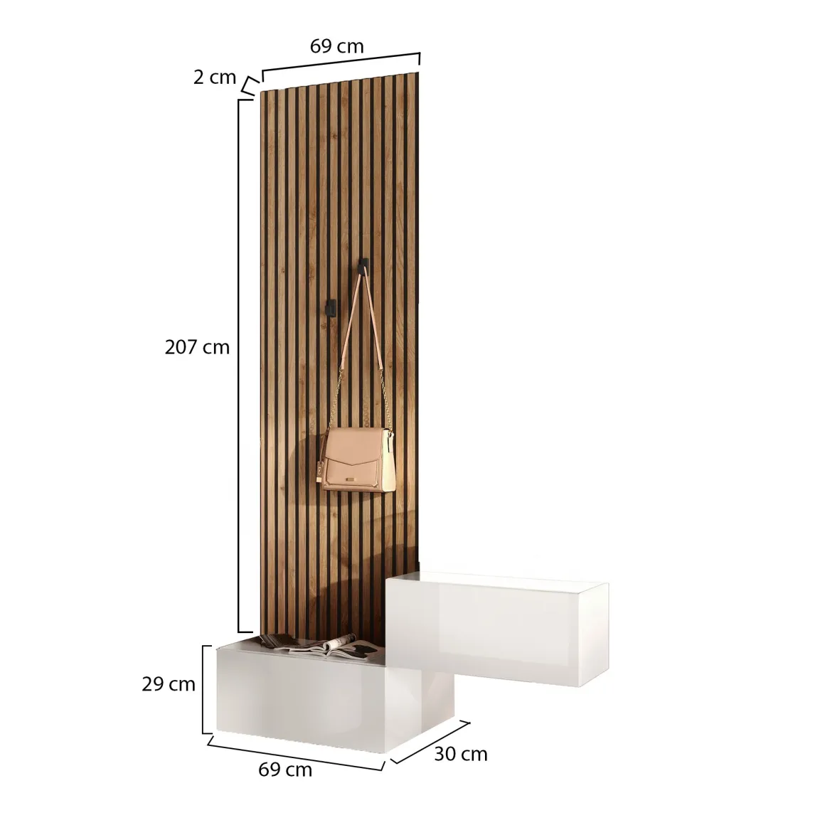 Mobile da Ingresso Bianco Lucido Marrone Pero Paia Cassetti 140x30x236h cm, Ripiani Made in Italy - Narbolia