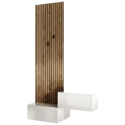Mobile da Ingresso Bianco Lucido Marrone Pero Paia Cassetti 140x30x236h cm, Ripiani Made in Italy - Narbolia
