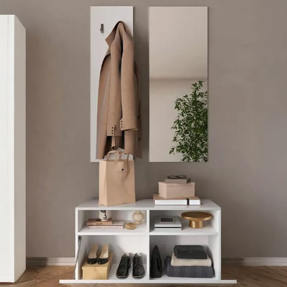 Mobile da Ingresso Bianco Lucido Trasparente Specchio Incluso Appendiabiti 91x36x165h cm, 4 Paia - Rizzuto