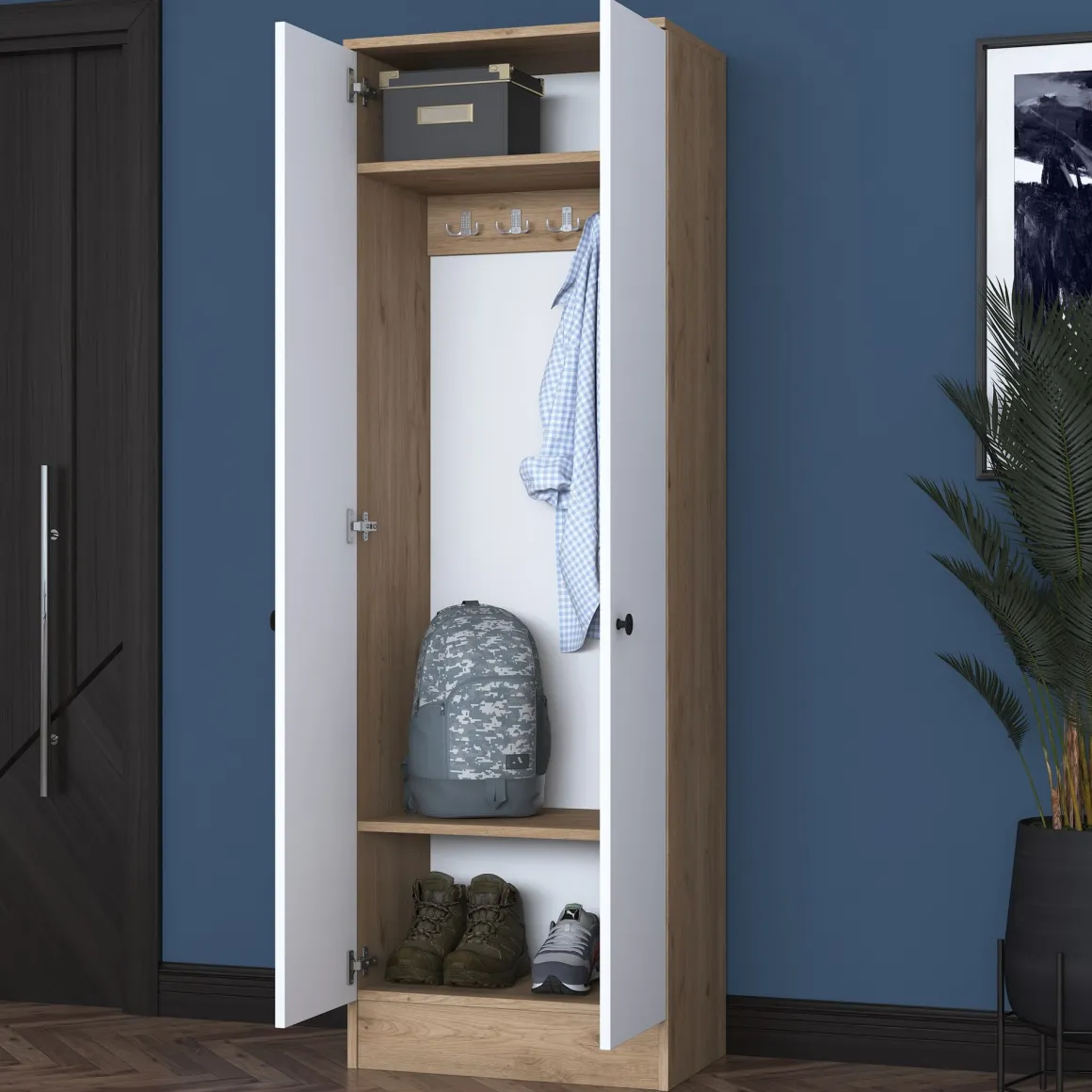 Mobile da Ingresso Bianco Marrone Noce 2 Ripiani Appendiabiti 60x38x183h cm, 2 Ante - Tursi