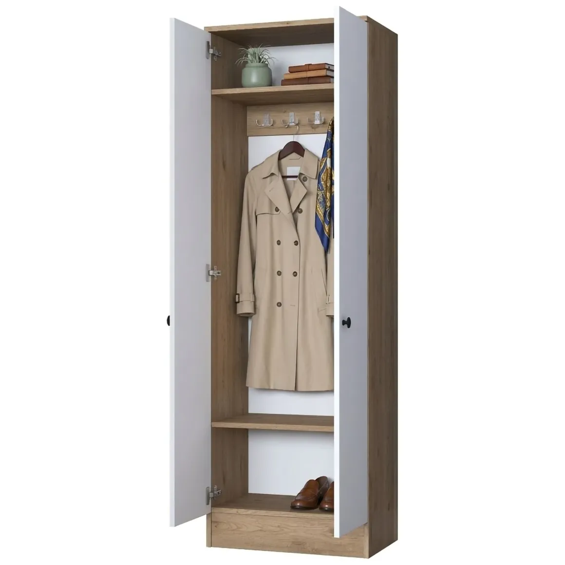 Mobile da Ingresso Bianco Marrone Noce 2 Ripiani Appendiabiti 60x38x183h cm, 2 Ante - Tursi
