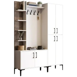 Mobile da Ingresso Bianco Marrone Noce Appendiabiti 13 Ripiani 150x35x200h cm, Apertura Battente - Chiuro