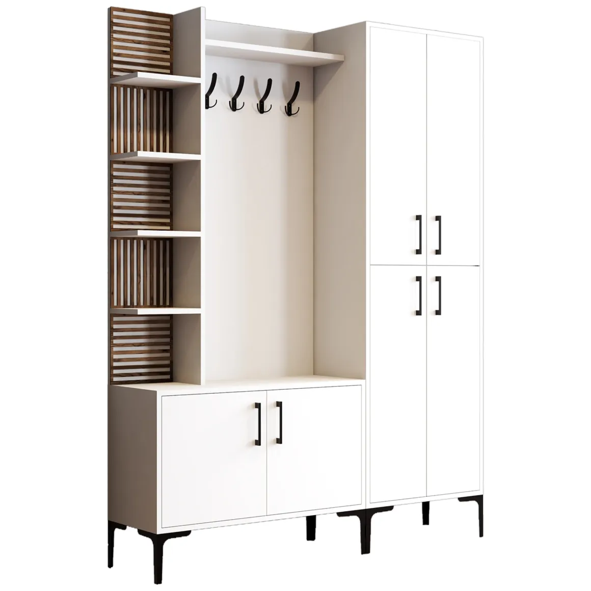 Mobile da Ingresso Bianco Marrone Noce Appendiabiti 13 Ripiani 150x35x200h cm, Apertura Battente - Chiuro