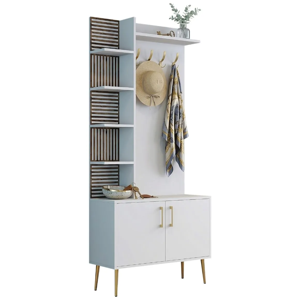 Mobile da Ingresso Bianco Marrone Noce Appendiabiti 13 Ripiani 90x35x200h cm, Apertura Battente - Loceri
