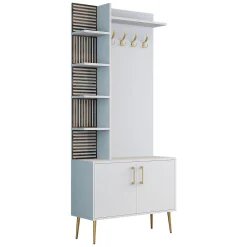 Mobile da Ingresso Bianco Marrone Noce Appendiabiti 13 Ripiani 90x35x200h cm, Apertura Battente - Loceri