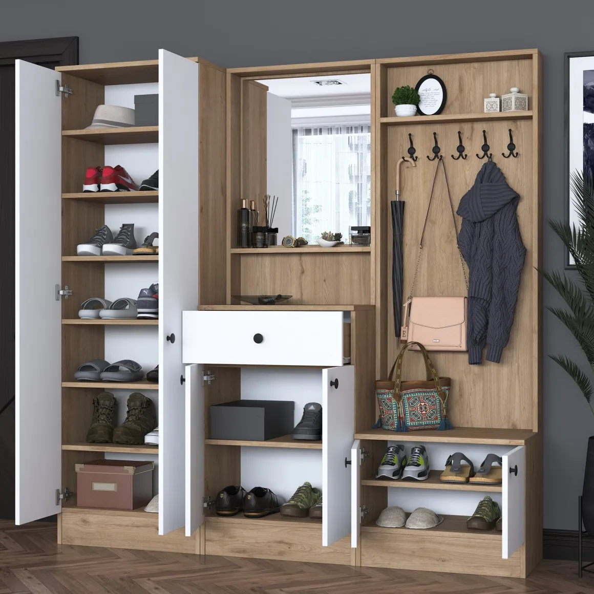 Mobili Da Ingresso > Dmora Mobile da Ingresso Bianco Marrone Noce Specchio Incluso Appendiabiti 179x38x183h cm, 8 Ripiani - Riace Marrone, Bianco Noce