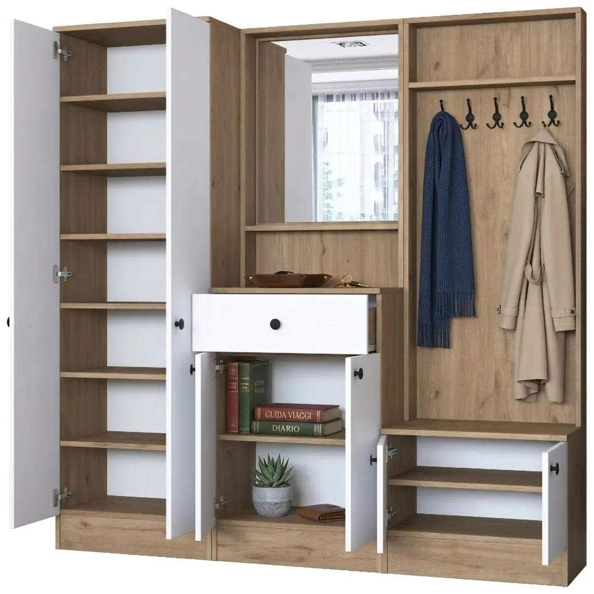 Mobili Da Ingresso > Dmora Mobile da Ingresso Bianco Marrone Noce Specchio Incluso Appendiabiti 179x38x183h cm, 8 Ripiani - Riace Marrone, Bianco Noce