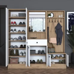 Mobili Da Ingresso > Dmora Mobile da Ingresso Bianco Marrone Noce Specchio Incluso Appendiabiti 179x38x183h cm, 8 Ripiani - Riace Marrone, Bianco Noce