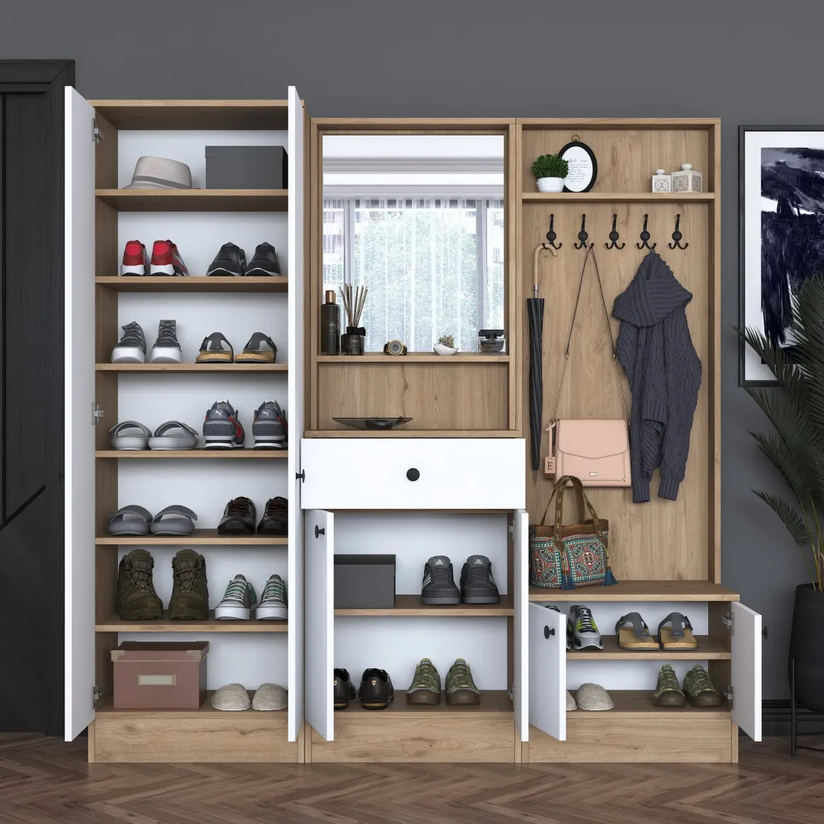 Mobili Da Ingresso > Dmora Mobile da Ingresso Bianco Marrone Noce Specchio Incluso Appendiabiti 179x38x183h cm, 8 Ripiani - Riace Marrone, Bianco Noce