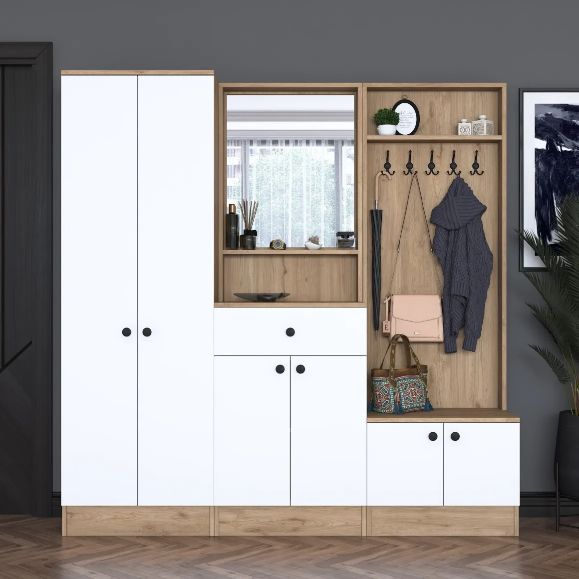 Mobili Da Ingresso > Dmora Mobile da Ingresso Bianco Marrone Noce Specchio Incluso Appendiabiti 179x38x183h cm, 8 Ripiani - Riace Marrone, Bianco Noce