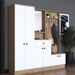 Mobili Da Ingresso > Dmora Mobile da Ingresso Bianco Marrone Noce Specchio Incluso Appendiabiti 179x38x183h cm, 8 Ripiani - Riace Marrone, Bianco Noce