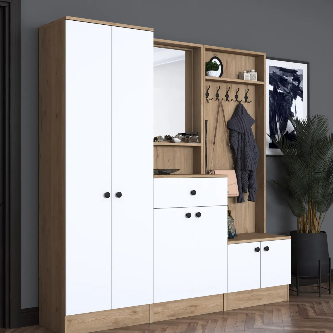 Mobili Da Ingresso > Dmora Mobile da Ingresso Bianco Marrone Noce Specchio Incluso Appendiabiti 179x38x183h cm, 8 Ripiani - Riace Marrone, Bianco Noce
