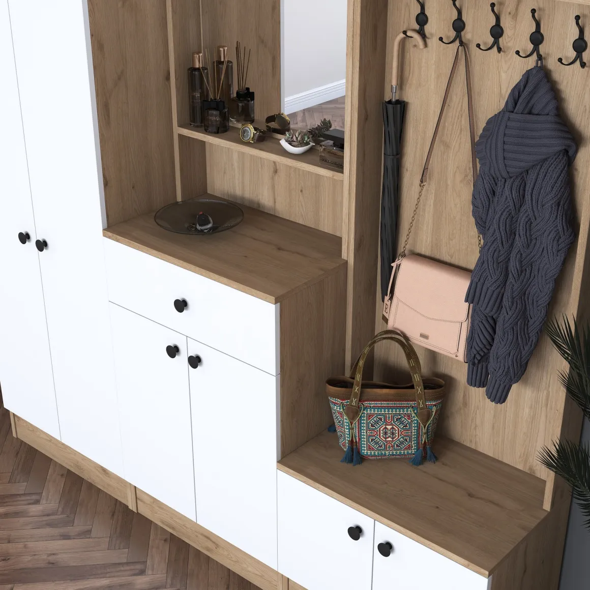 Mobili Da Ingresso > Dmora Mobile da Ingresso Bianco Marrone Noce Specchio Incluso Appendiabiti 179x38x183h cm, 8 Ripiani - Riace Marrone, Bianco Noce