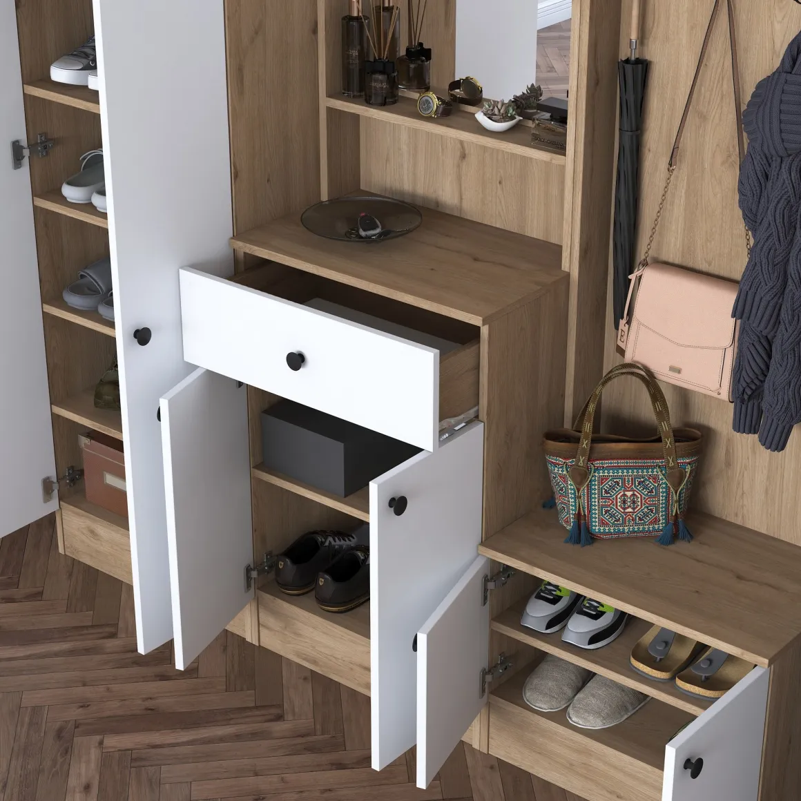 Mobili Da Ingresso > Dmora Mobile da Ingresso Bianco Marrone Noce Specchio Incluso Appendiabiti 179x38x183h cm, 8 Ripiani - Riace Marrone, Bianco Noce