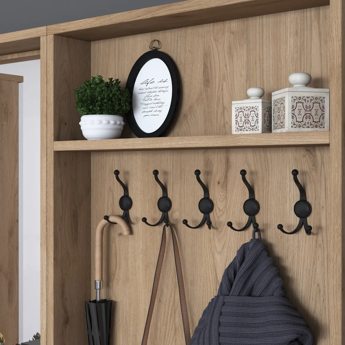 Mobili Da Ingresso > Dmora Mobile da Ingresso Bianco Marrone Noce Specchio Incluso Appendiabiti 179x38x183h cm, 8 Ripiani - Riace Marrone, Bianco Noce