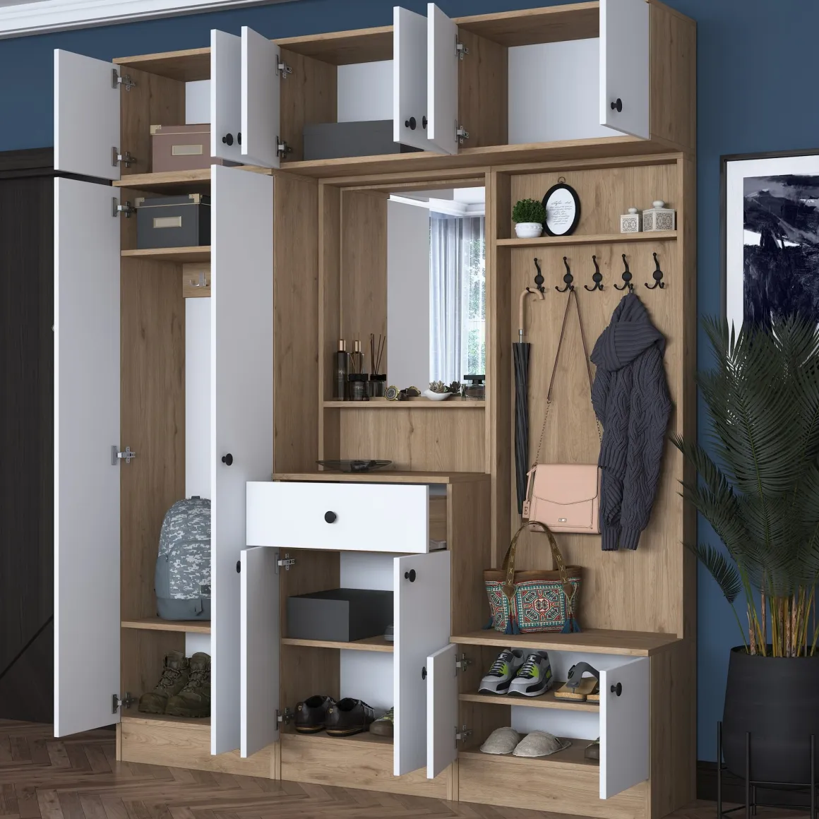 Mobili Da Ingresso > Dmora Mobile da Ingresso Bianco Marrone Rovere 4 Ripiani Appendiabiti 60x40x191h cm, Un'anta - Wanaka Marrone Rovere, Bianco