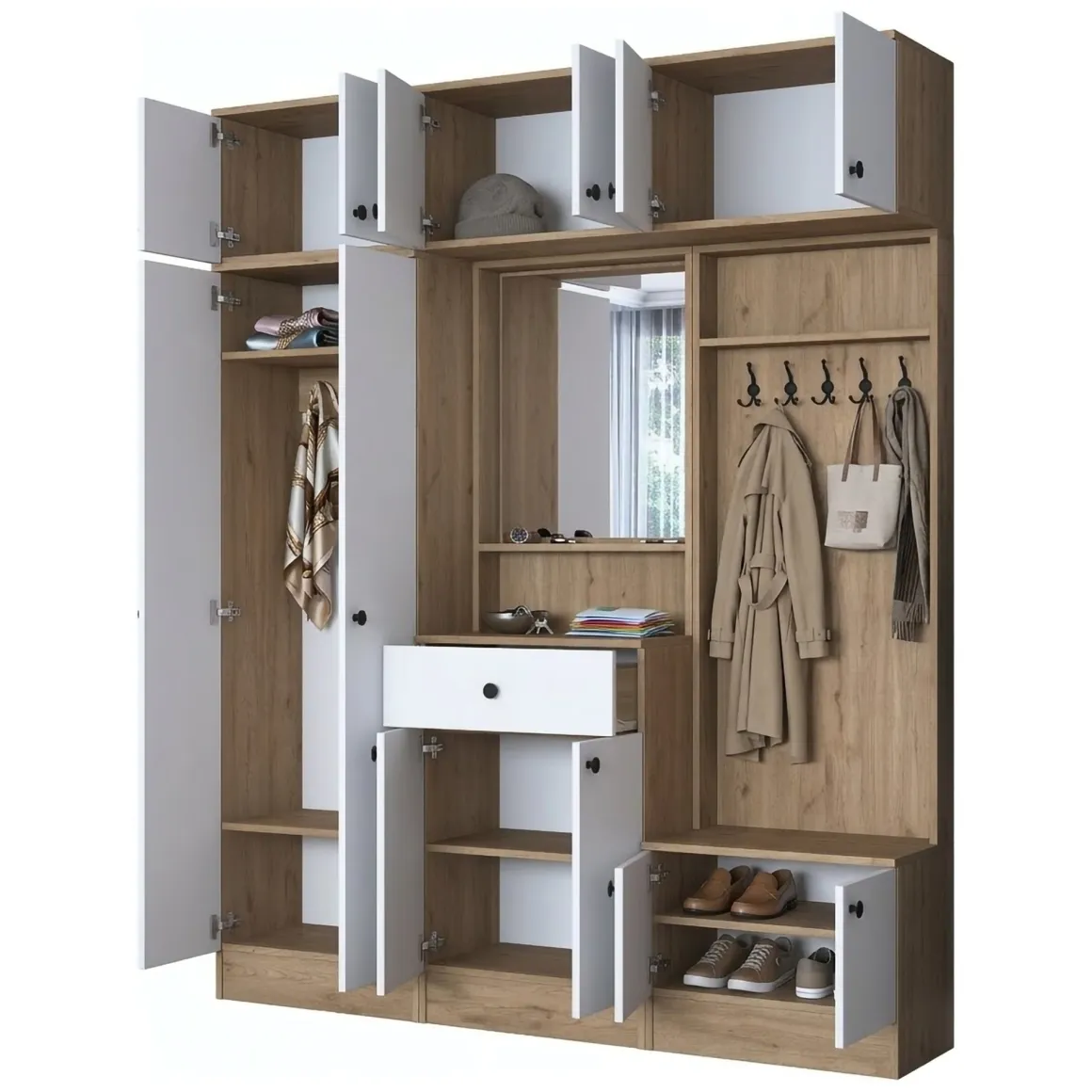 Mobili Da Ingresso > Dmora Mobile da Ingresso Bianco Marrone Rovere 4 Ripiani Appendiabiti 60x40x191h cm, Un'anta - Wanaka Marrone Rovere, Bianco