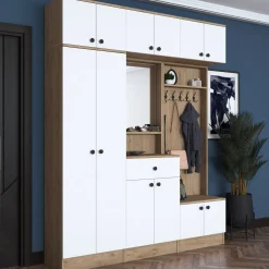 Mobili Da Ingresso > Dmora Mobile da Ingresso Bianco Marrone Rovere 4 Ripiani Appendiabiti 60x40x191h cm, Un'anta - Wanaka Marrone Rovere, Bianco
