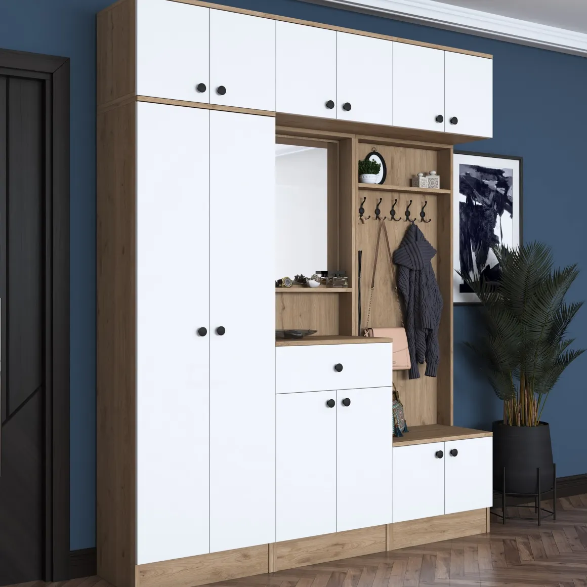 Mobili Da Ingresso > Dmora Mobile da Ingresso Bianco Marrone Rovere 4 Ripiani Appendiabiti 60x40x191h cm, Un'anta - Wanaka Marrone Rovere, Bianco