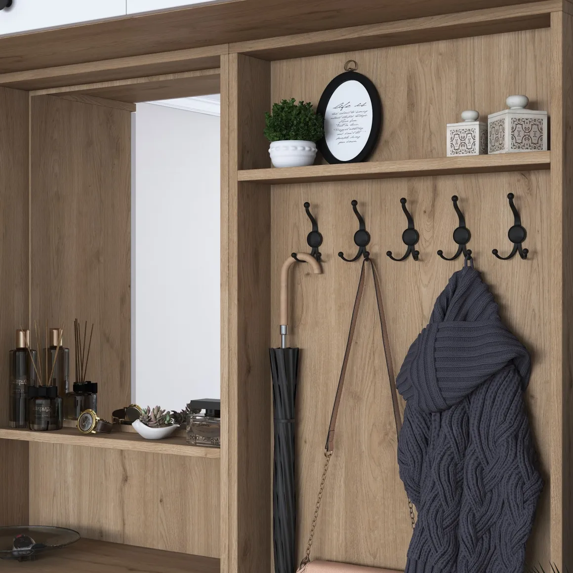 Mobili Da Ingresso > Dmora Mobile da Ingresso Bianco Marrone Rovere 4 Ripiani Appendiabiti 60x40x191h cm, Un'anta - Wanaka Marrone Rovere, Bianco