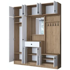 Mobile da Ingresso Bianco Marrone Noce Specchio Incluso Appendiabiti 179x38x226h cm, 11 Ripiani - Torpe