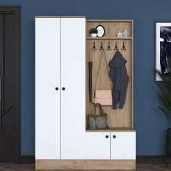 Mobile da Ingresso Bianco Marrone Rovere 5 Ripiani Appendiabiti 120x36x183h cm, 4 Ante - Rezzato