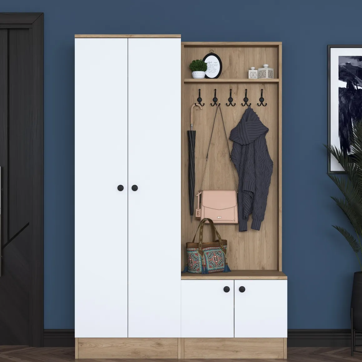 Mobile da Ingresso Bianco Marrone Rovere 5 Ripiani Appendiabiti 120x36x183h cm, 4 Ante - Rezzato